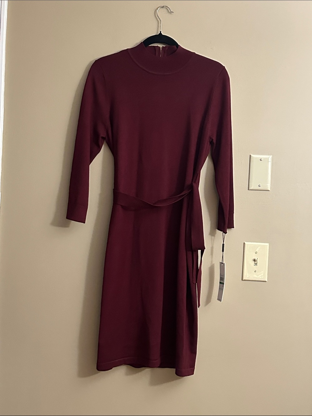 Calvin Klein Burgundy Long-Sleeve Tie-Waist Knit Dress